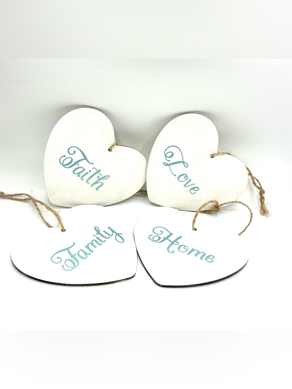 White Wooden Heart Hanging Signs with Teal Script - Faith Love Family Home
